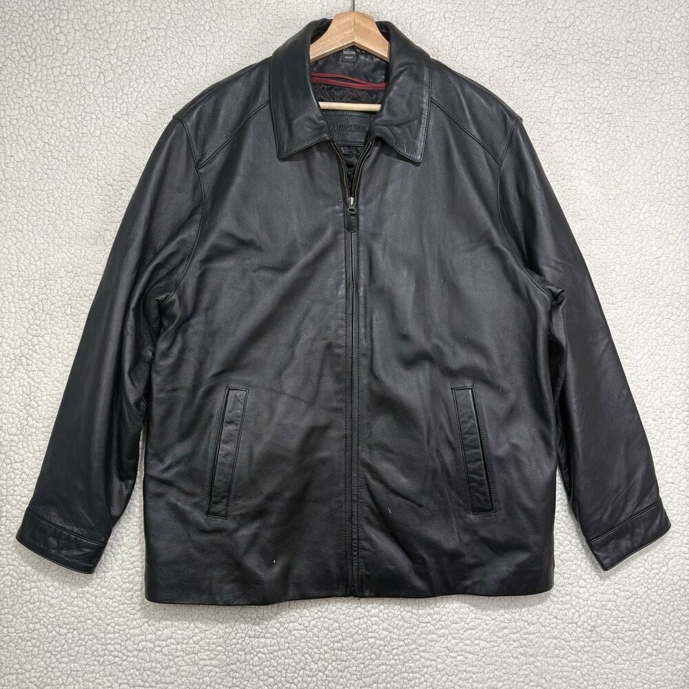 VTG St. John's Bay Genuine Leather Jacket Mens Large Black Bomber Quilted Lined